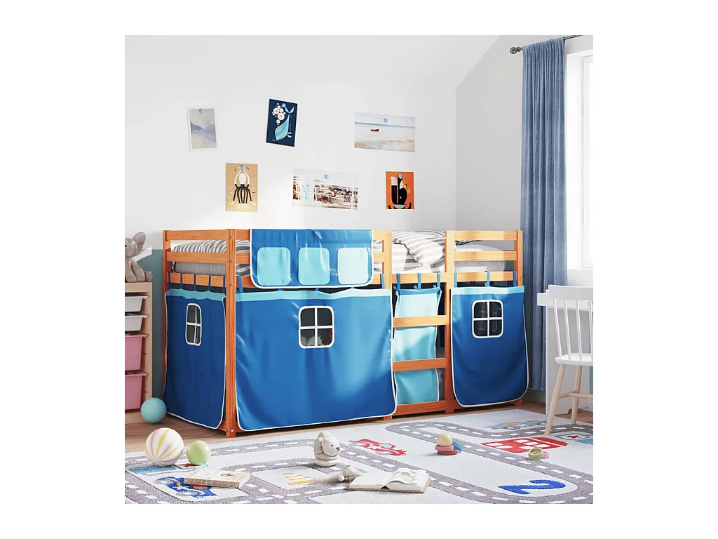 Beliche com cortinas 90x200 cm madeira de pinho maciça azul
