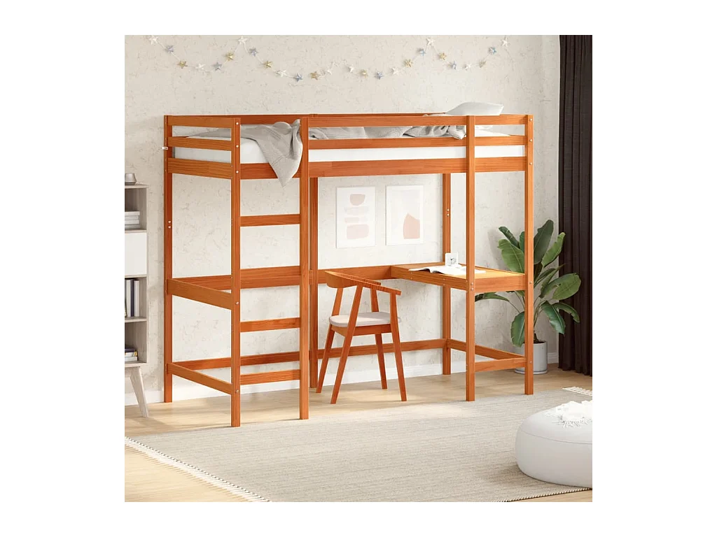 Hoogslaper met bureau massief grenenhout wasbruin 100x200 cm