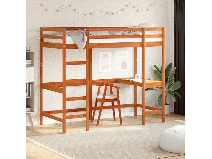 Letto A Soppalco In Legno Massello Di Pino Con Scrivania E Scala - 160x200 Cm - Letto A Mezza Trave Per Bambini E Ragazzi