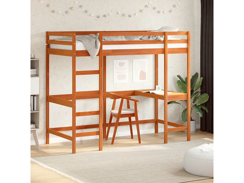 Hochbett mit Schreibtisch Wachsbraun 100x200 cm Massivholz