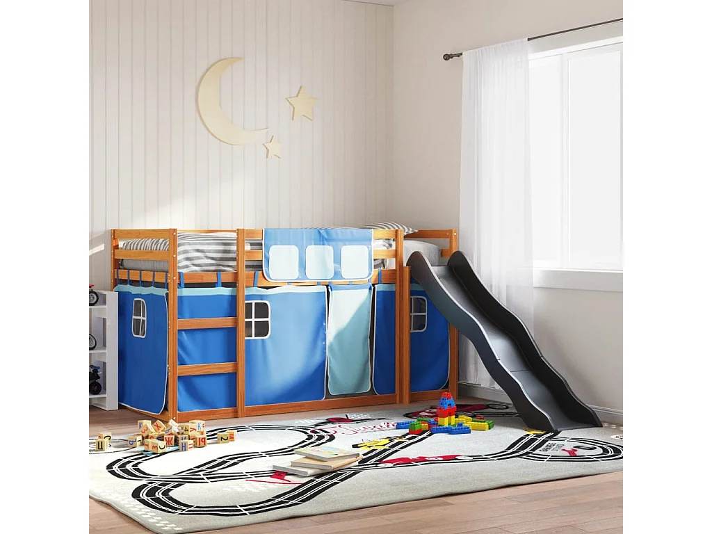 Lit superposé sans matelas avec toboggan et rideaux 90x190 cm