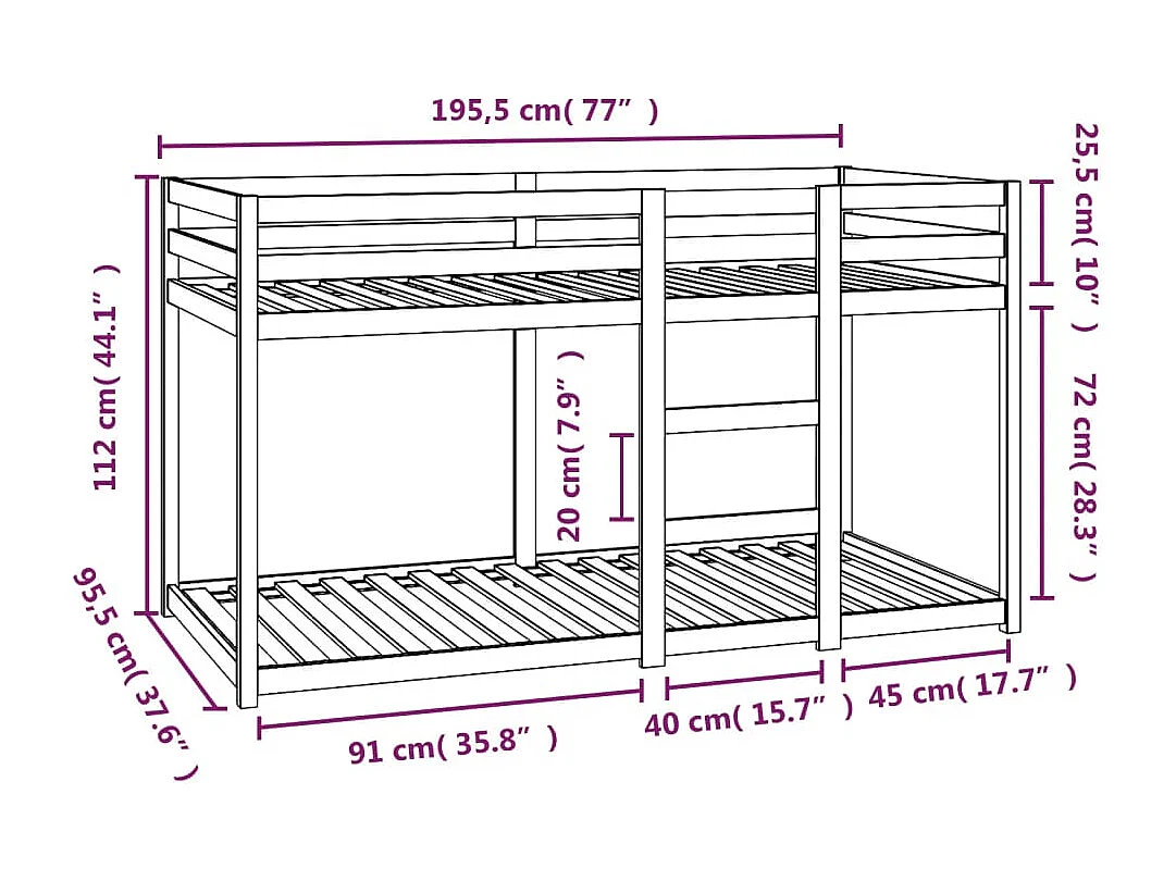 Lit superposé sans matelas 90x190 cm bois de pin massif