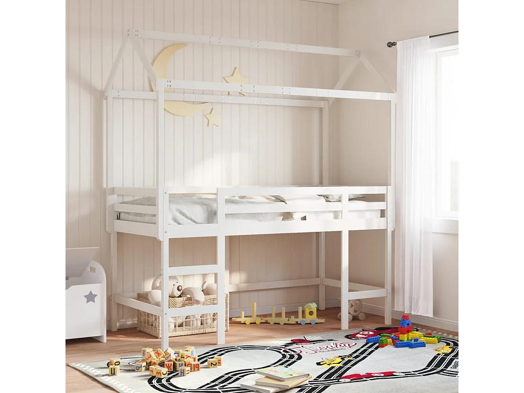 Cama alta c/ escada e telhado 90x190 cm pinho maciço branco