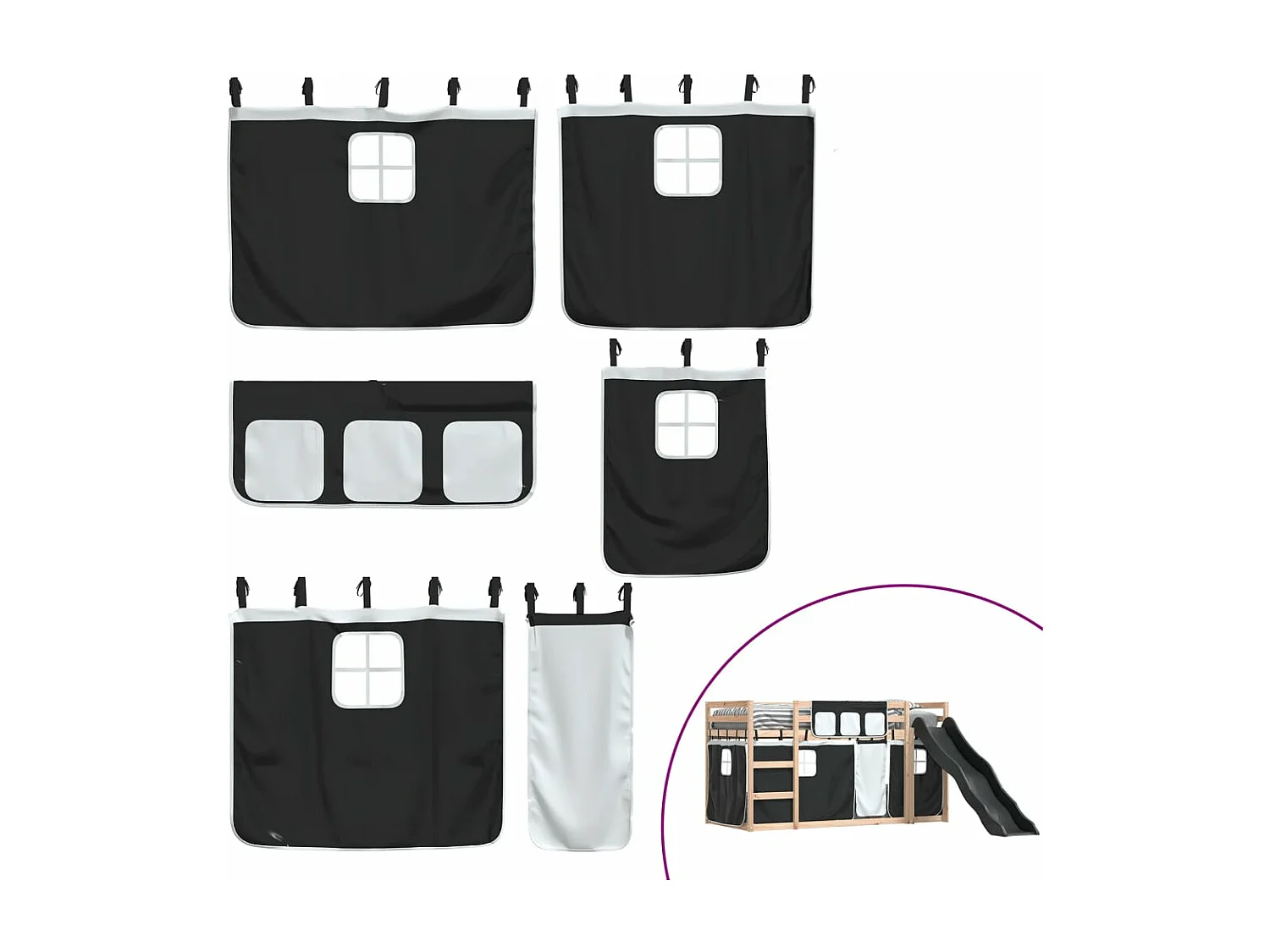 Lit superposé sans matelas avec toboggan blanc noir 90x200 cm