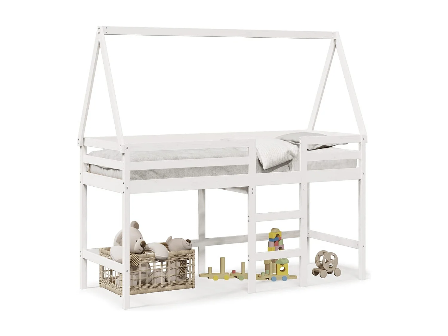 Cama alta c/ escada e telhado 90x200 cm pinho maciço branco