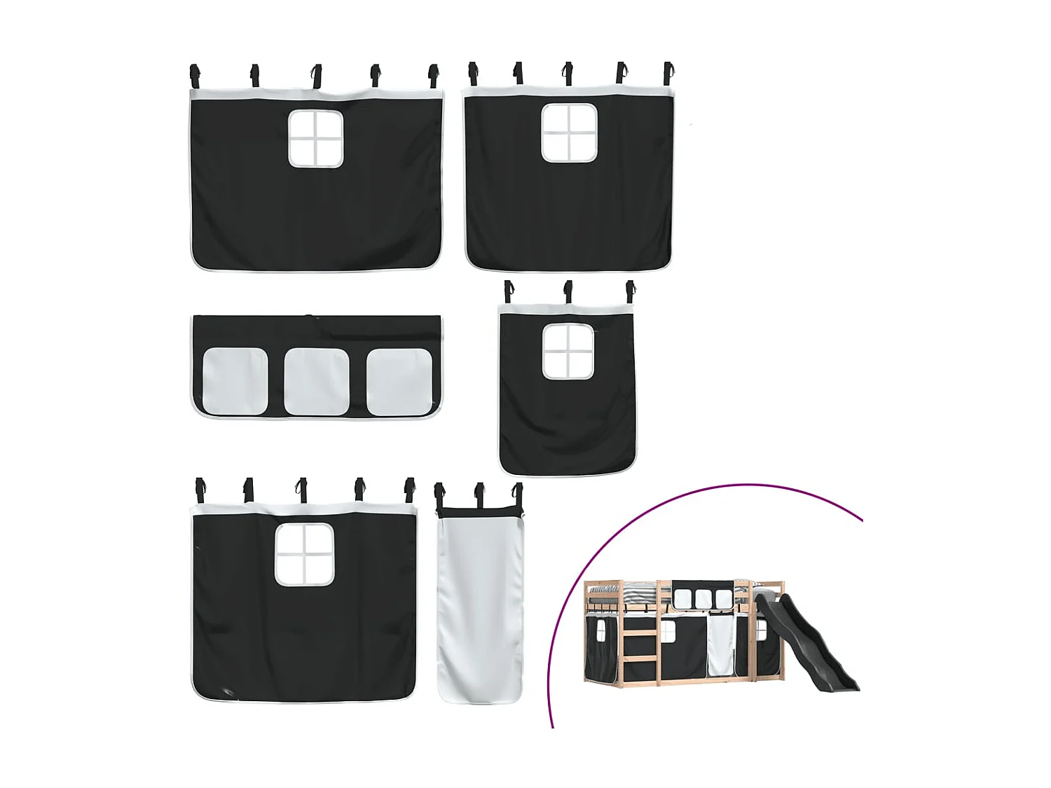 Litera con tobogán y cortinas blanco y negro 90x190 cm