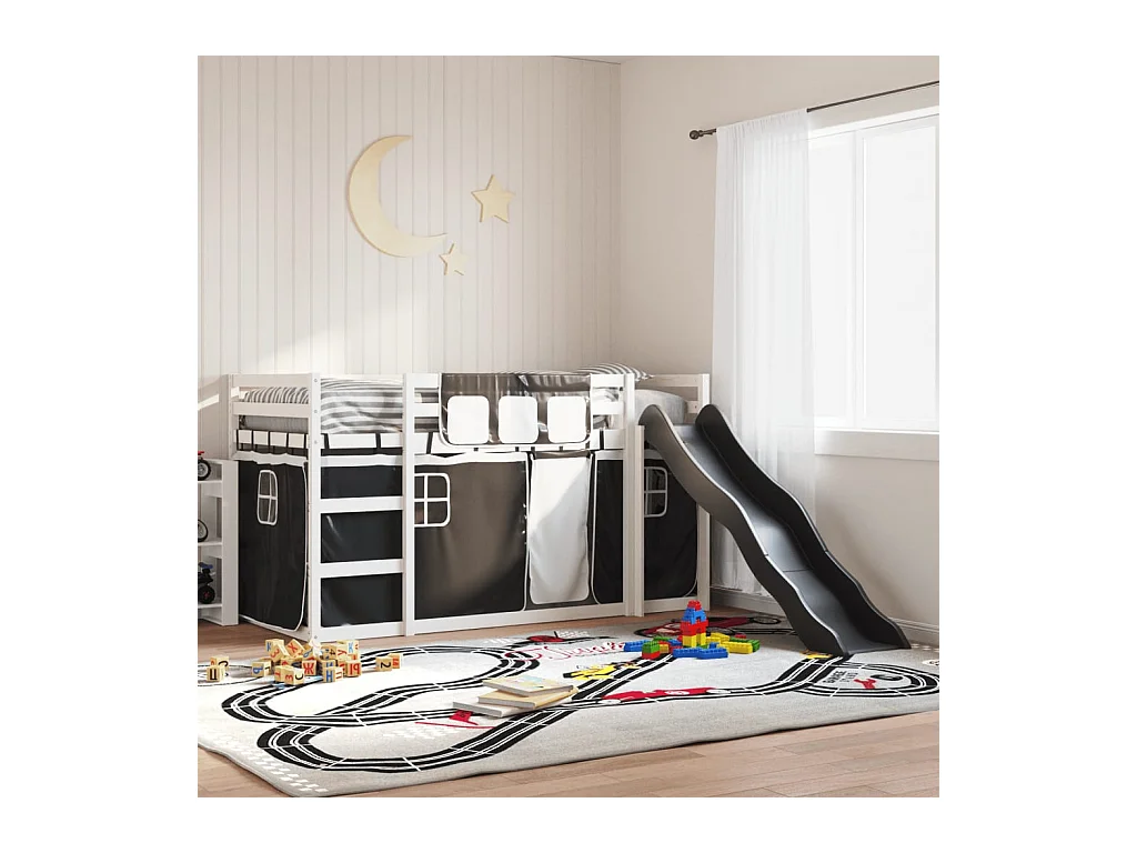 Lit superposé sans matelas avec toboggan blanc noir 90x200 cm