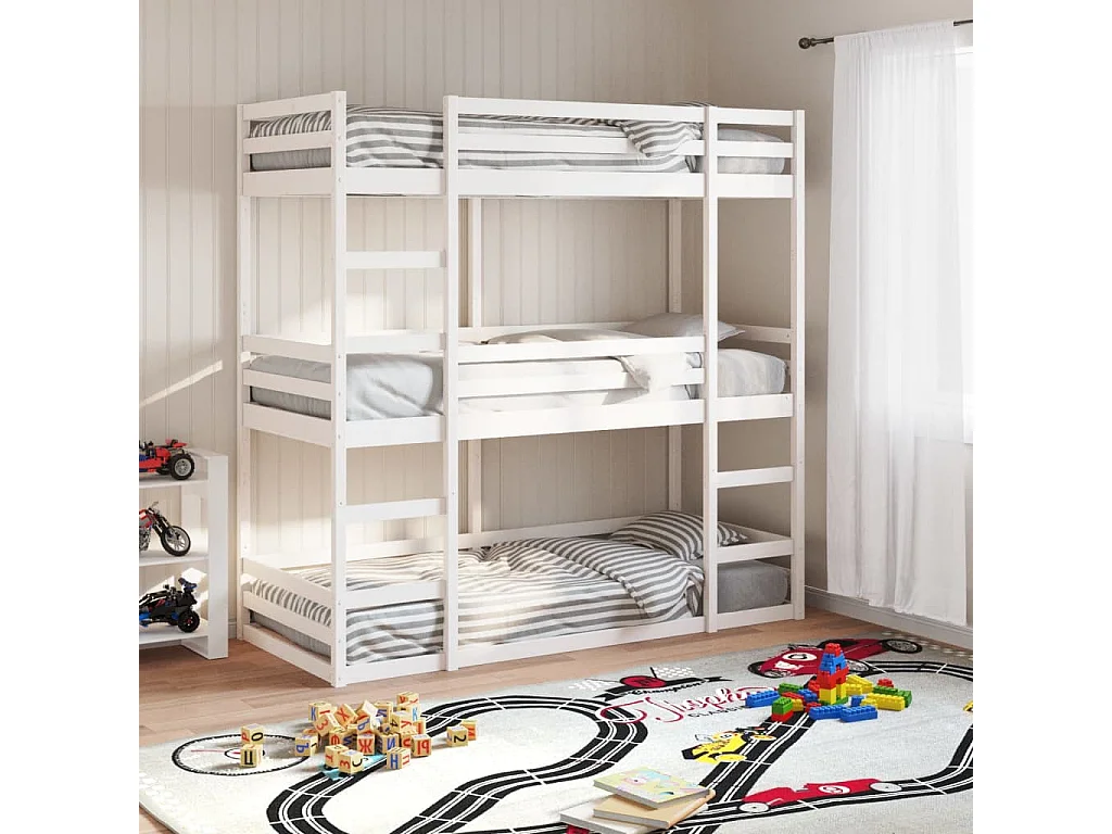 Letto a Castello Triplo Bianco 90x190 cm Legno Massello di Pino
