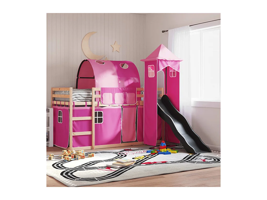 Letto a Castello con Scivolo e Tende Rosa 90x190 cm
