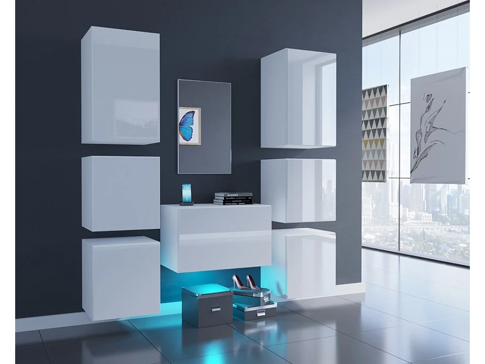 Ensemble de 7 meubles d'entrée muraux et un miroir F3, blanc