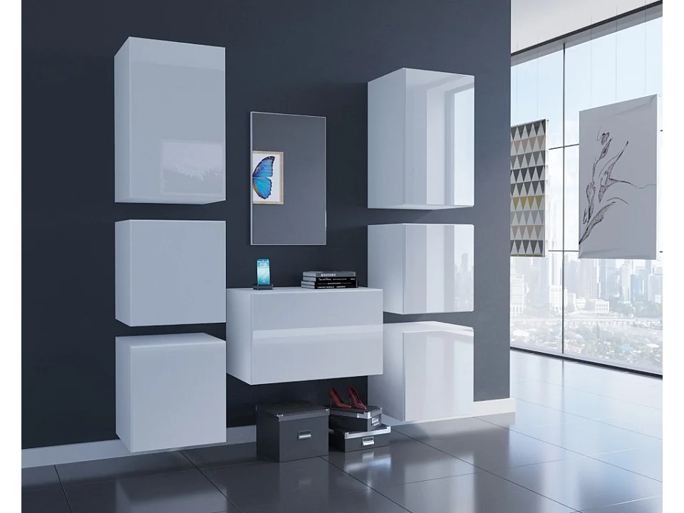 Ensemble de 7 meubles d'entrée muraux et un miroir F3, blanc