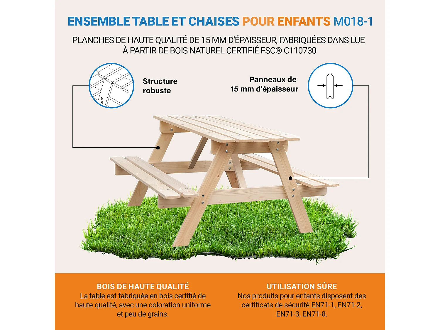 Table enfant en bois - 90x90xH50 cm - M018-1