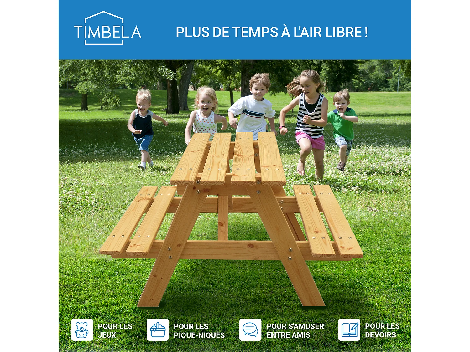 Tavolo da picnic per bambini in legno - L81xL60xA50 cm - M012-1