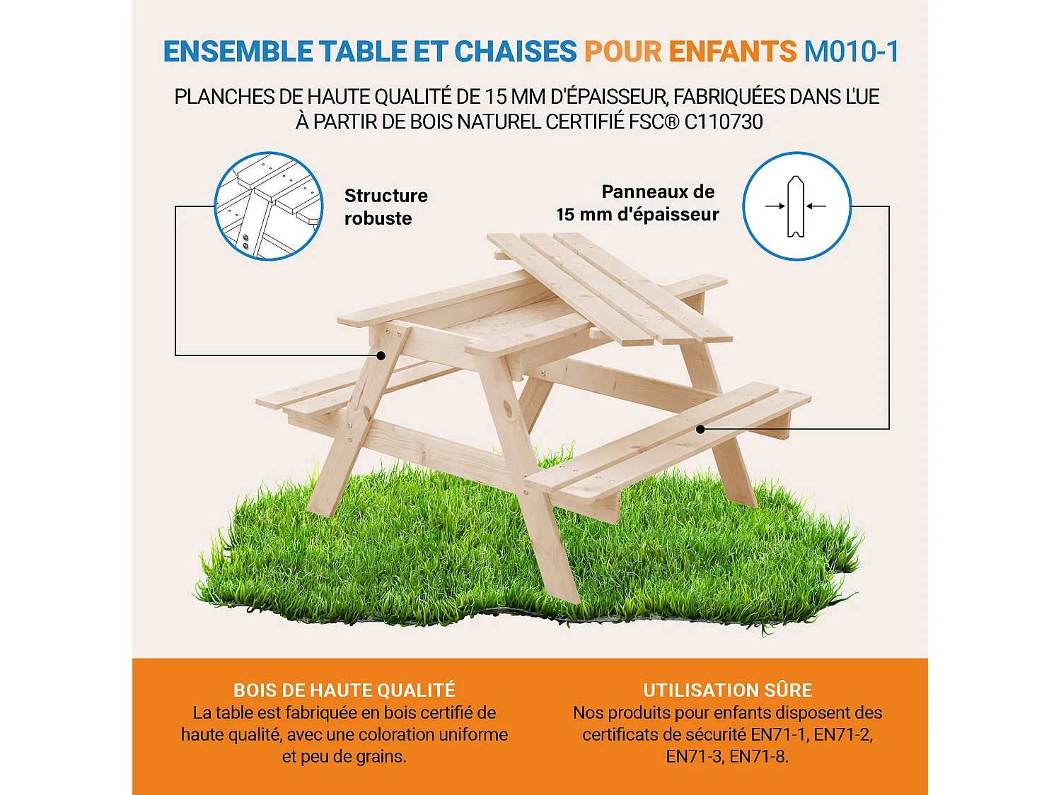 Table enfant pour le jardin - 90x90xH50 cm - M010-1