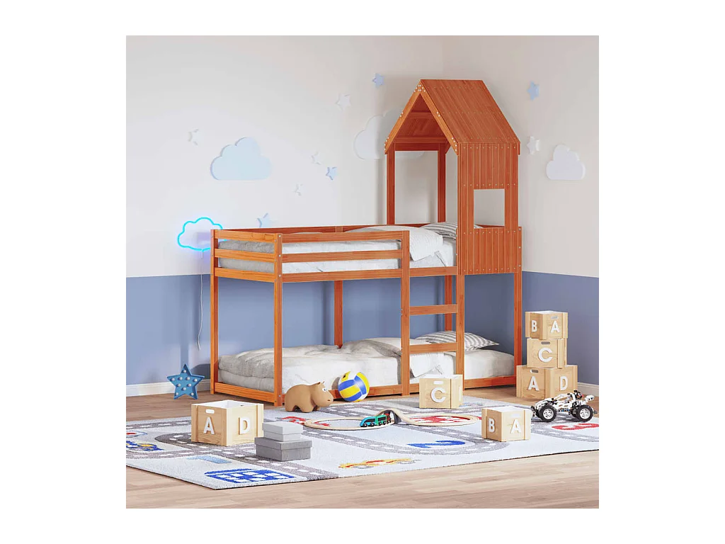 Stapelbed met dak massief grenenhout wasbruin 75x190 cm