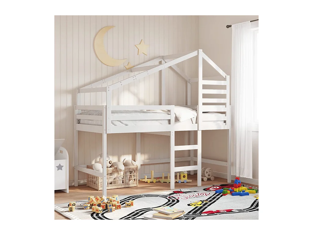 Halfhoogslaper met ladder en bedhuis grenenhout wit 80x200 cm