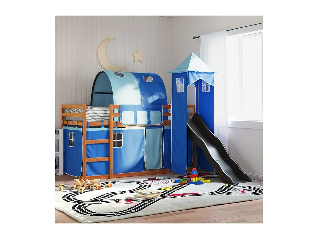 Etagenbett mit Rutsche und Gardinen Blau 90x200 cm