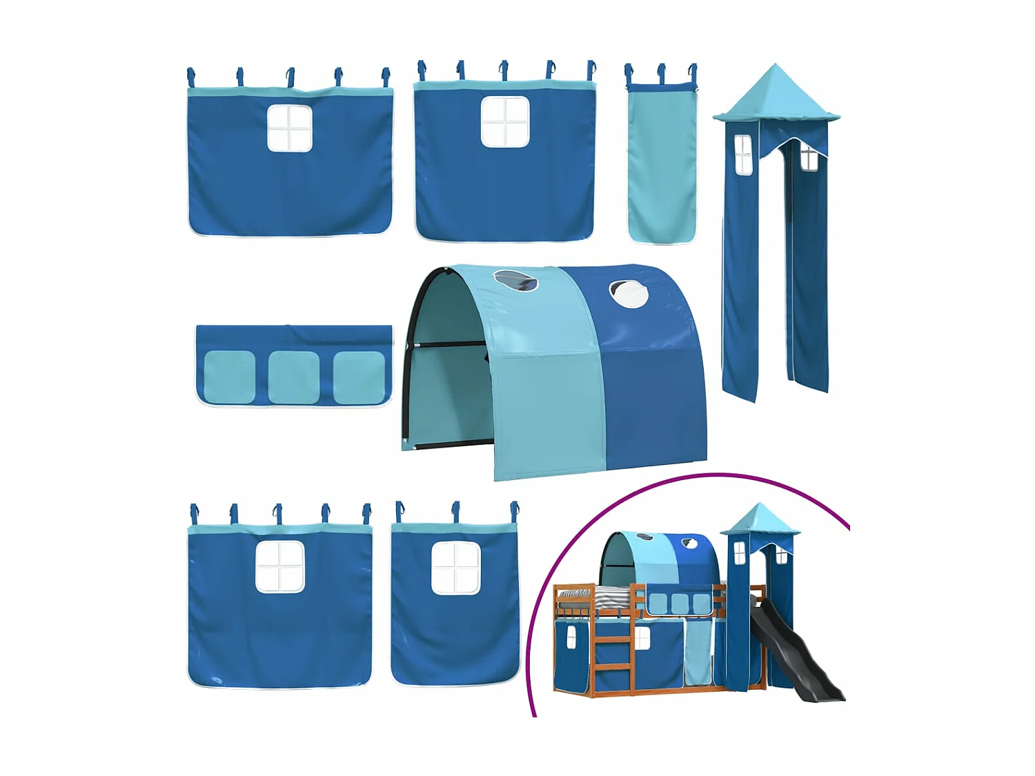 Letto a Castello con Scivolo e Tende Blu 90x200 cm