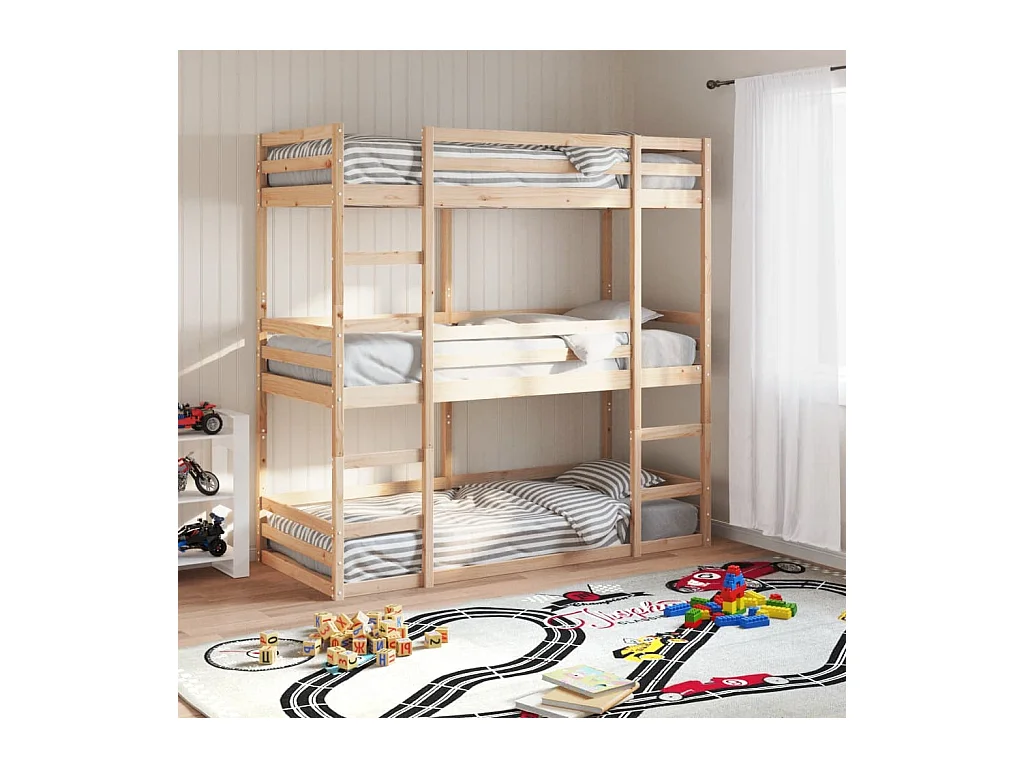Letto a Castello Triplo 90x200 cm in Legno Massello di Pino