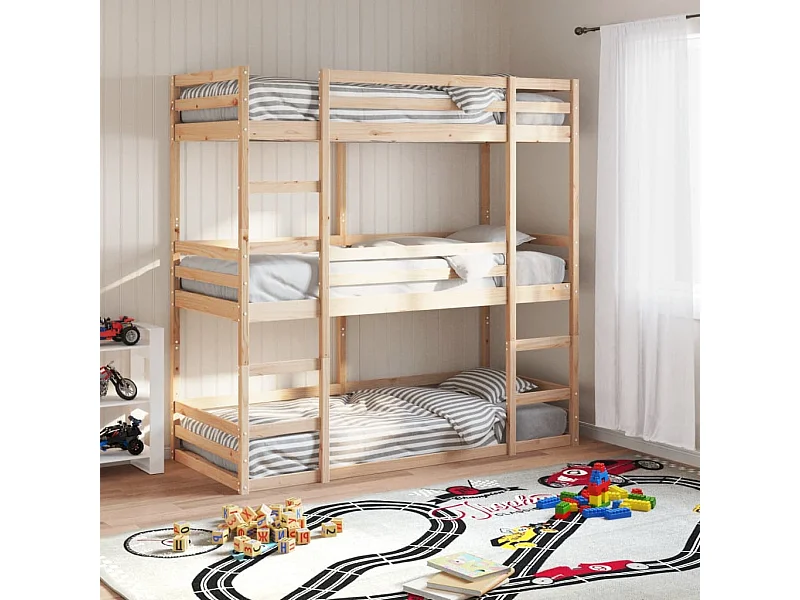 Letto a Castello Triplo 90x200 cm in Legno Massello di Pino