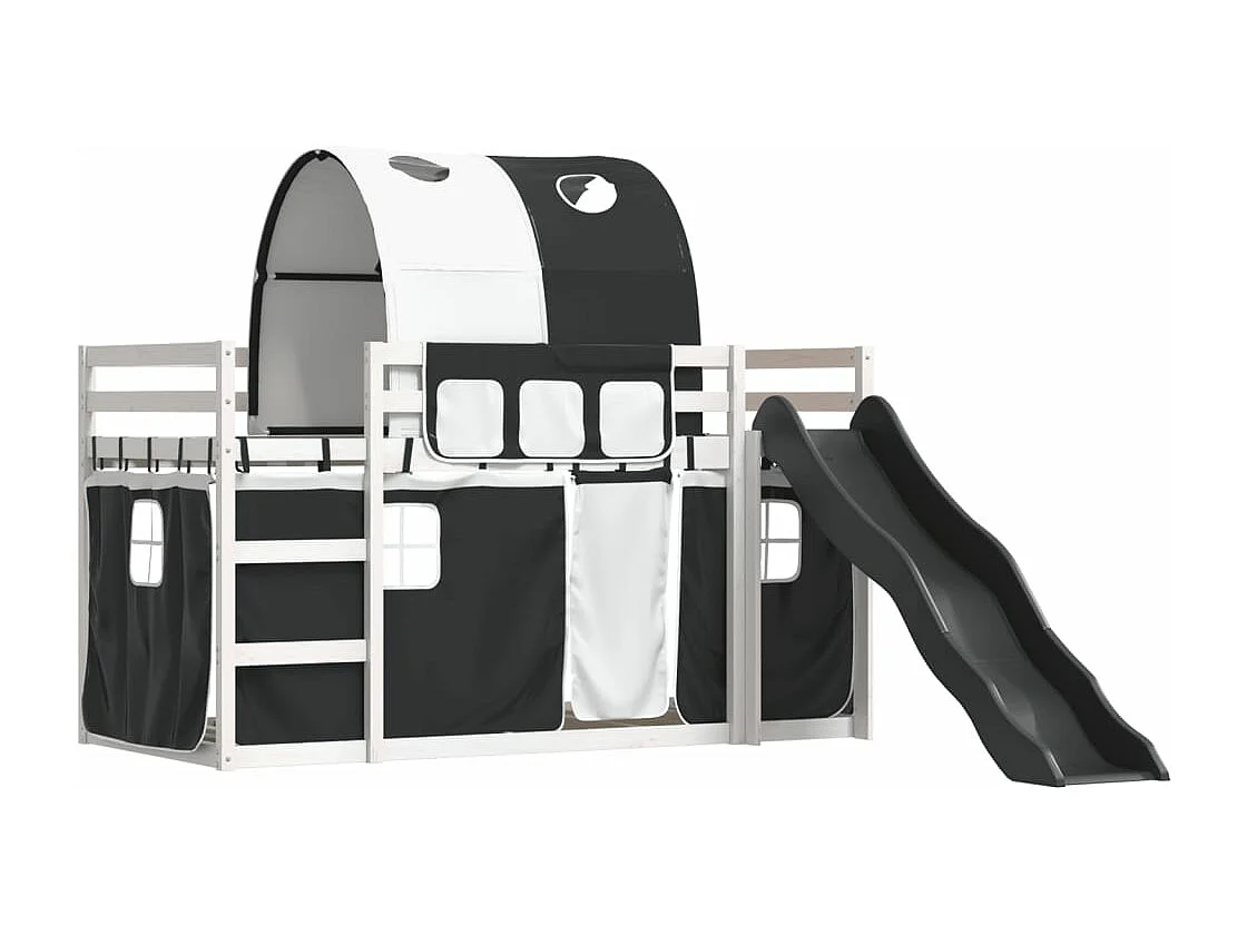 Letto a Castello con Scivolo e Tende Bianco e Nero 80x200 cm