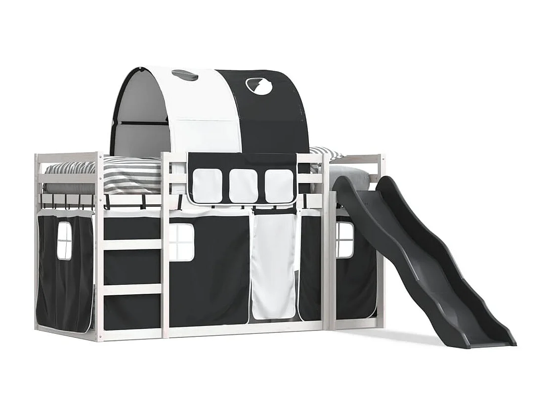 Letto a Castello con Scivolo e Tende Bianco e Nero 80x200 cm