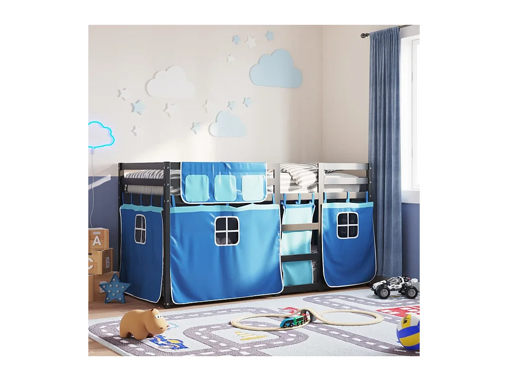 Stapelbed met gordijnen 90x190 cm massief grenenhout blauw