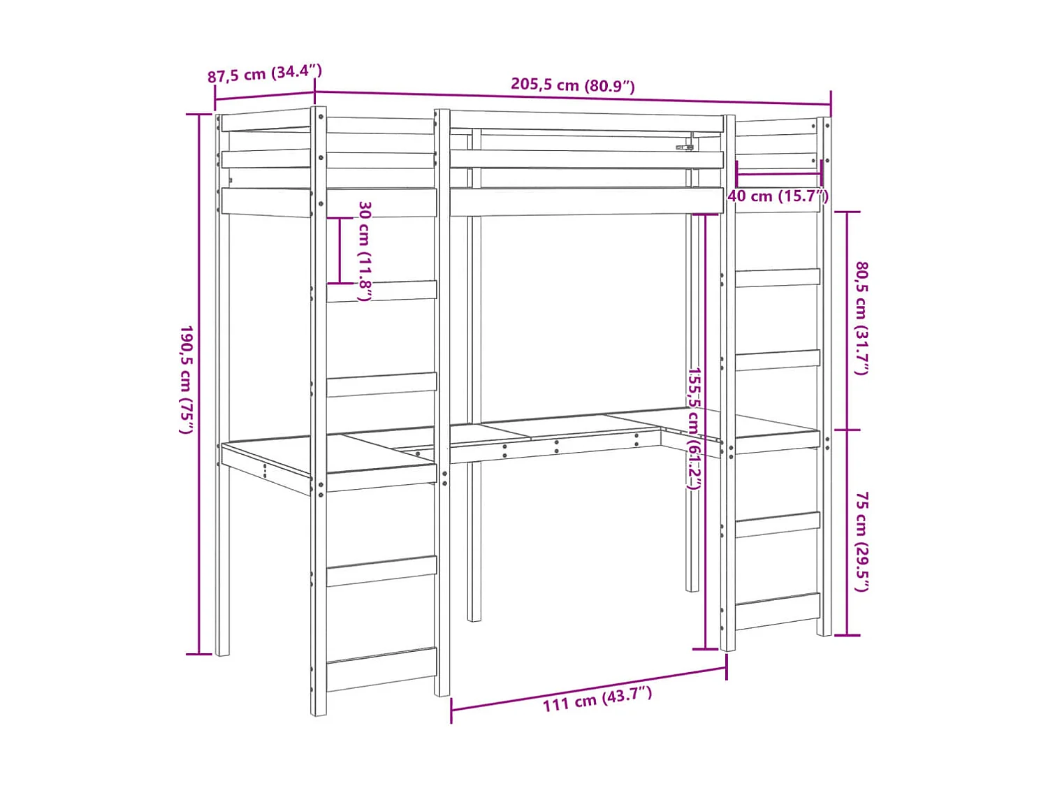 Cadre de lit superposé sans matelas blanc 80x200 cm pin massif