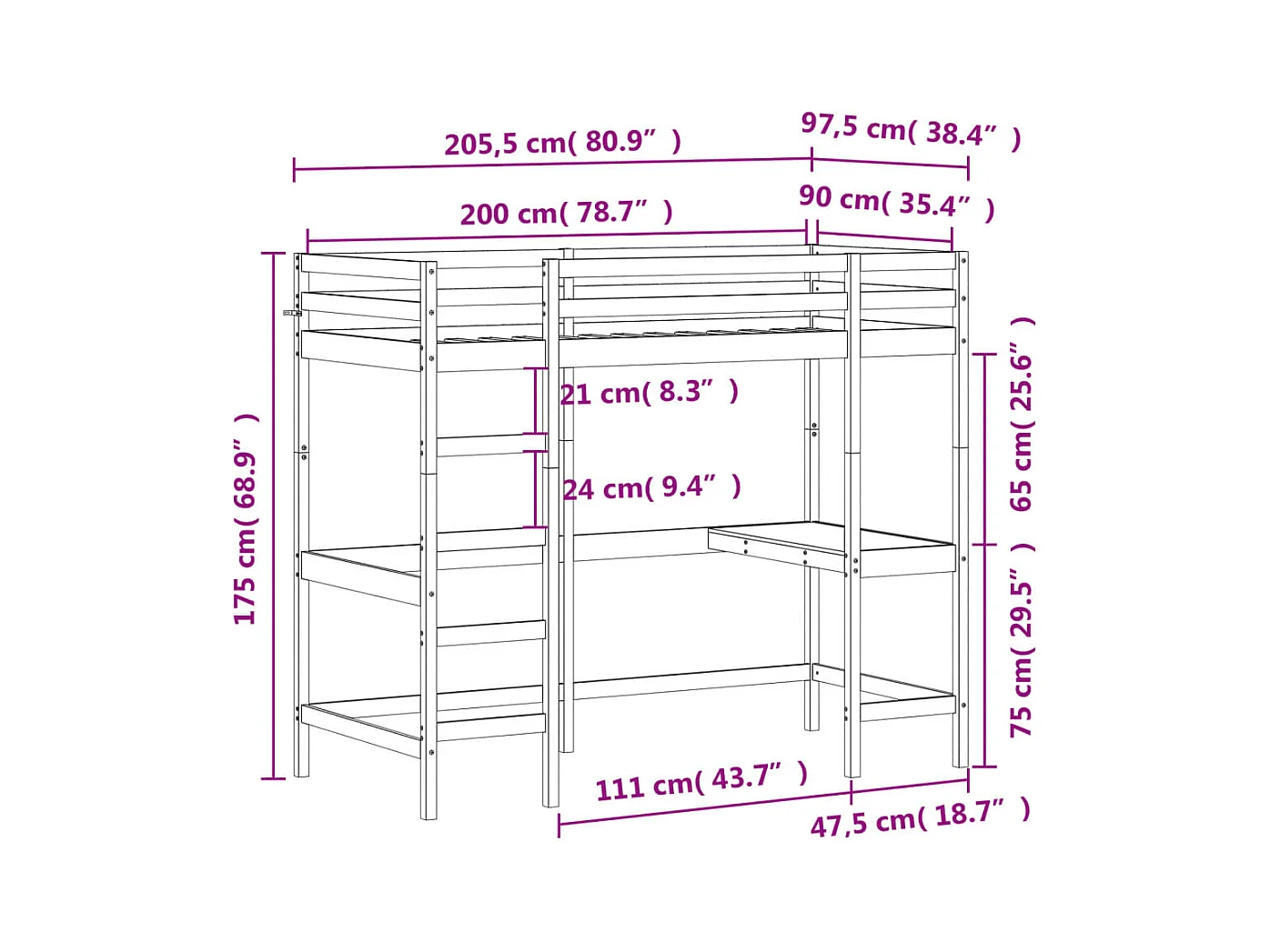 Lit superposé avec bureau 90x200 cm bois de pin massif
