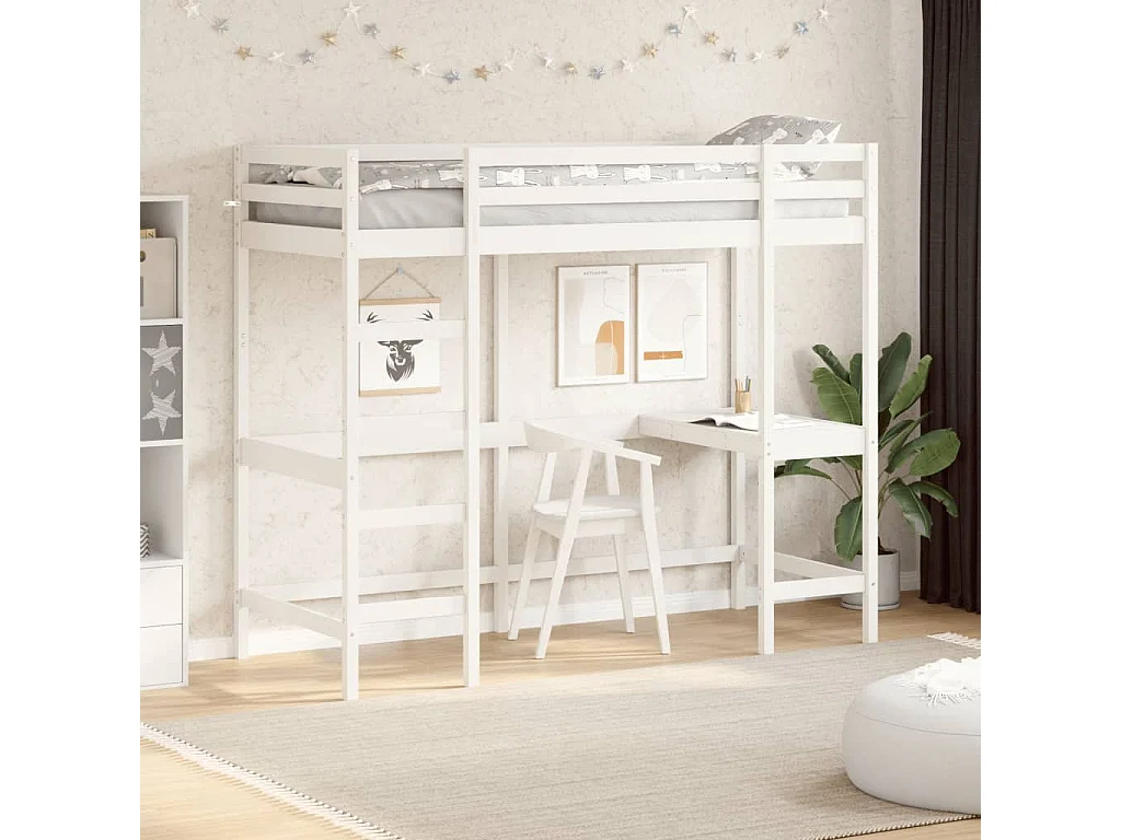 Cama alta com secretária 75x190 cm pinho maciço branco