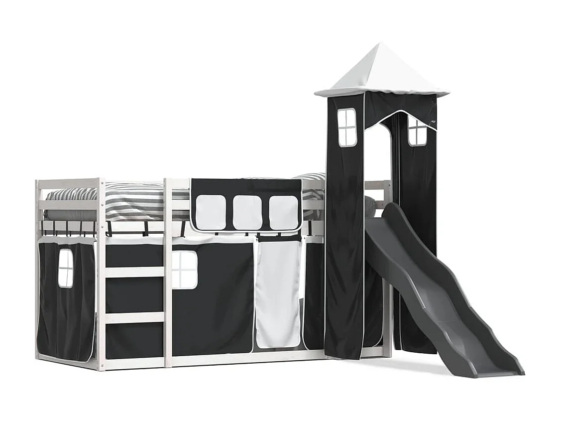 Letto a Castello con Scivolo e Tende Bianco e Nero 80x200 cm