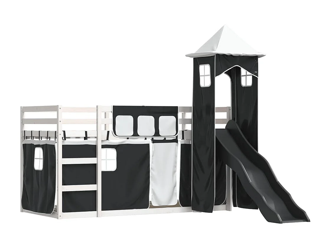 Letto a Castello con Scivolo e Tende Bianco e Nero 80x200 cm