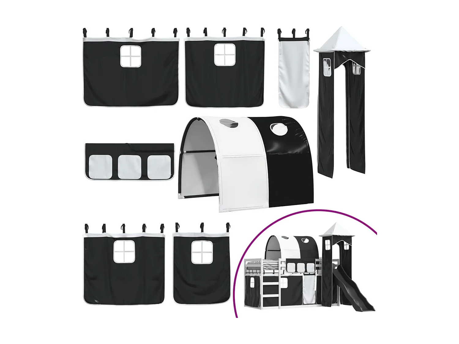 Lit superposé sans matelas avec toboggan blanc noir 90x190 cm