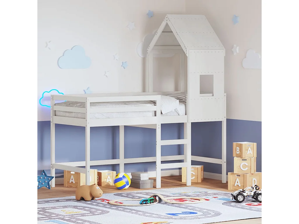 Lit superposé avec échelle et toit sans matelas blanc 90x200 cm