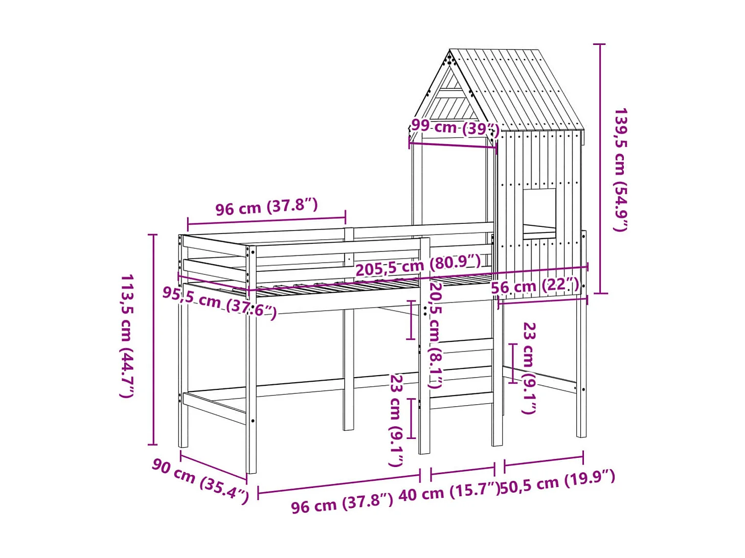 Lit superposé avec échelle et toit sans matelas blanc 90x200 cm