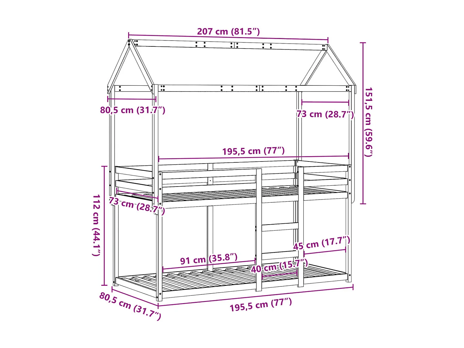 Lit superposé sans matelas 75x190 cm bois de pin massif