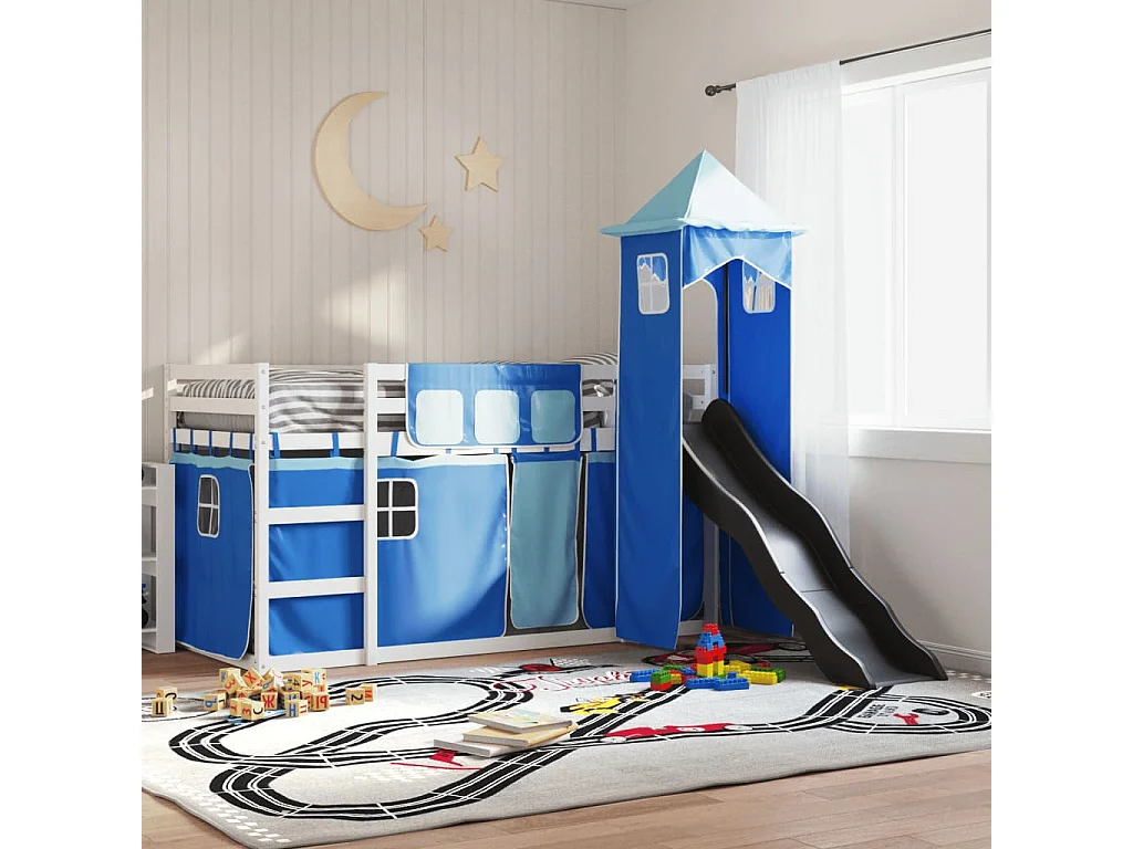 Letto a Castello con Scivolo e Tende Blu 90x190 cm