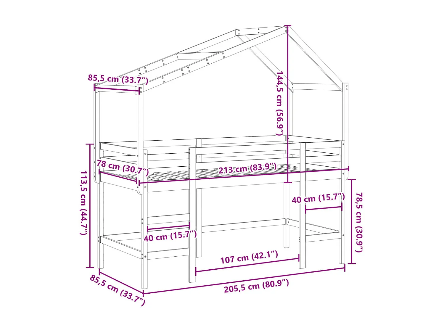 Hochbett mit Leiter und Dach Weiß 80x200 cm Massivholz Kiefer