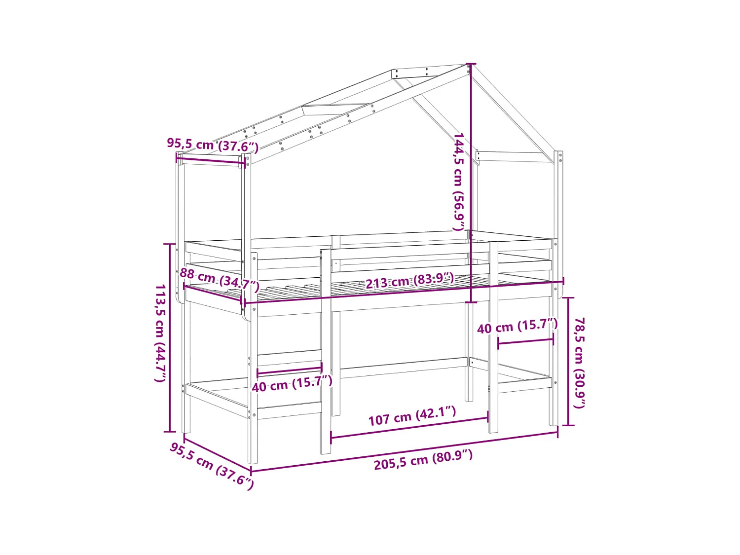 Cama alta escalera y techo madera maciza pino blanca 90x200 cm