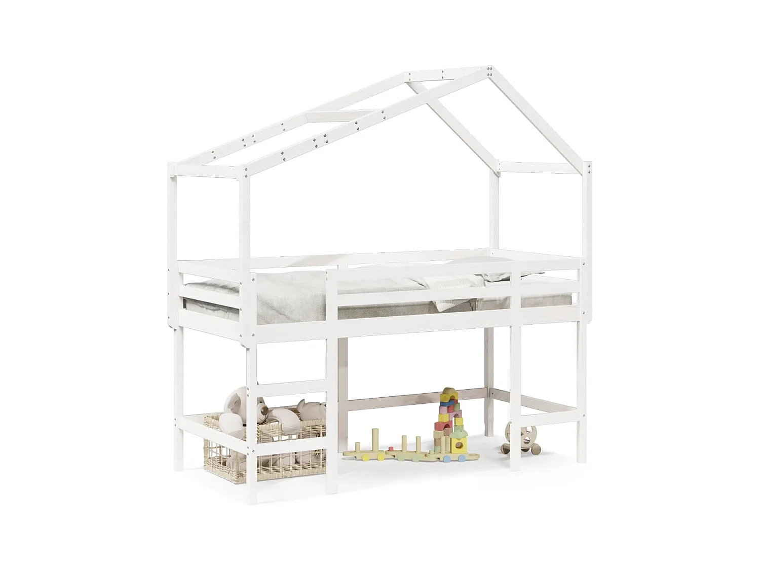 Cama alta escalera y techo madera maciza pino blanca 90x200 cm