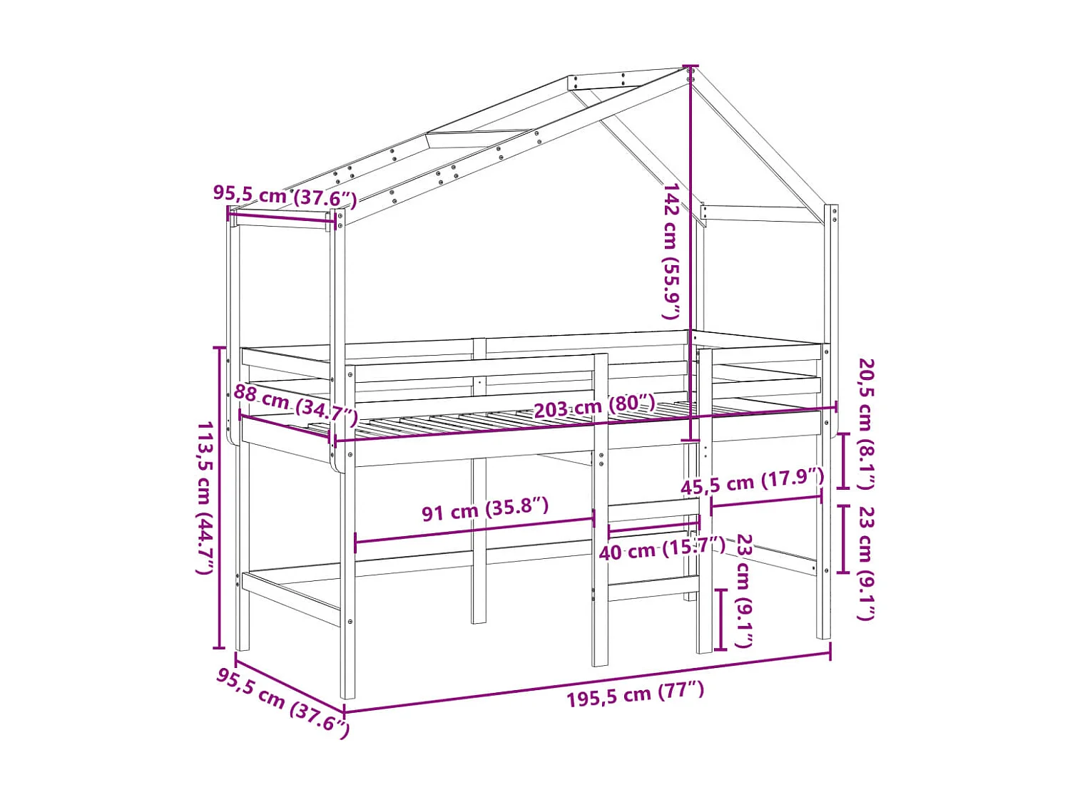 Halfhoogslaper met ladder en bedhuis grenenhout wit 90x190 cm