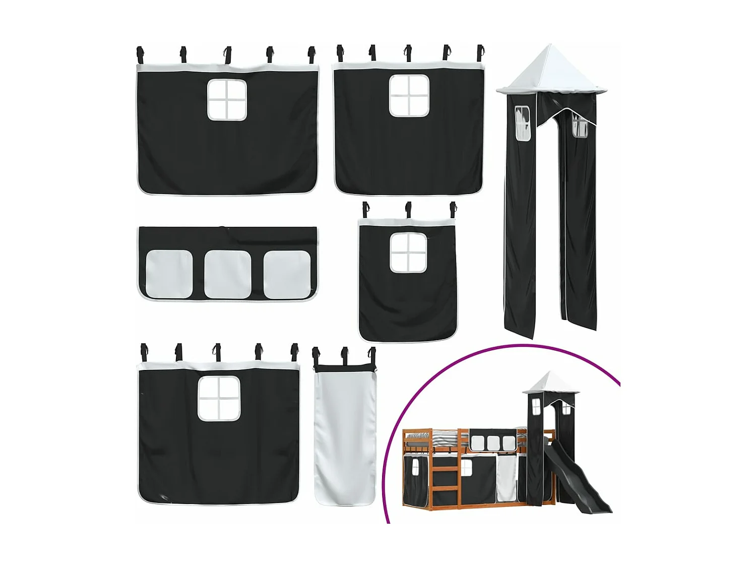 Lit superposé sans matelas avec toboggan blanc noir 90x200 cm