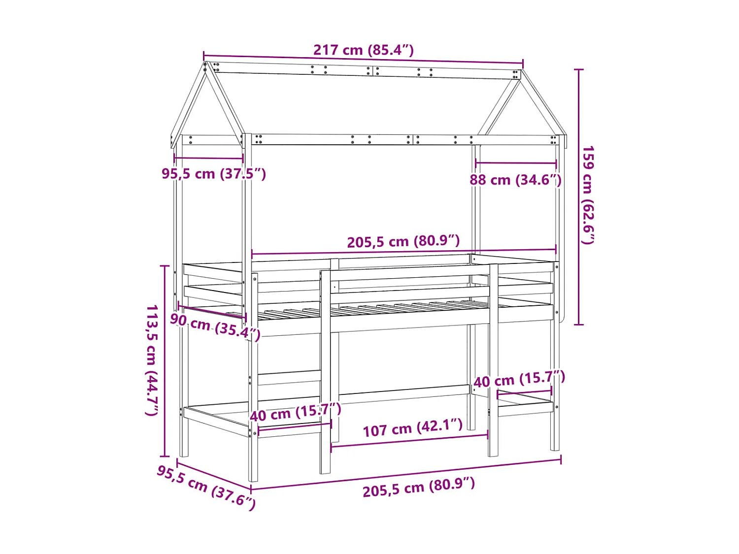 Halfhoogslaper met ladder en bedhuis grenenhout 90x200 cm