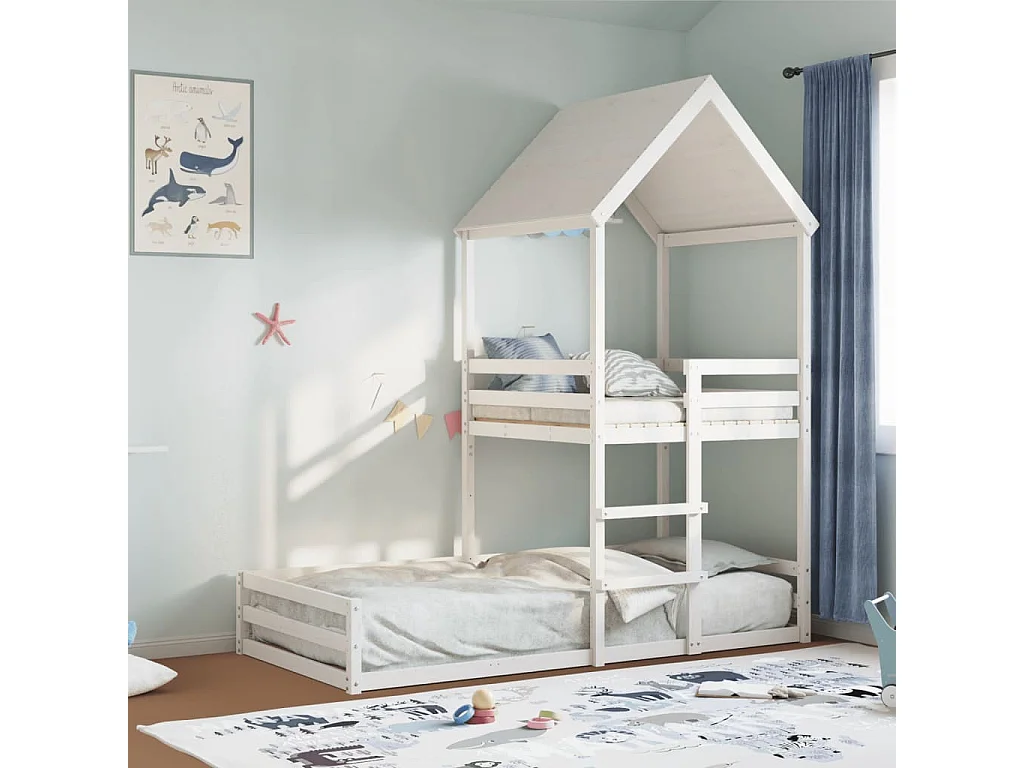 Letto a Castello con Tetto Bianco 90x200 cm in Legno di Pino