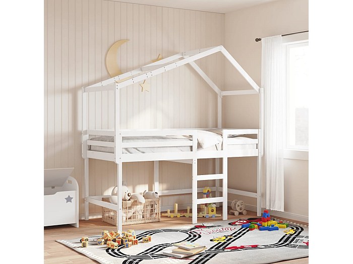 Lettino A Soppalco In Legno Di Pino Per Bambini, 90x200 Cm, Con Scala E 2 Cassetti, Sponde Anticaduta, Bianco