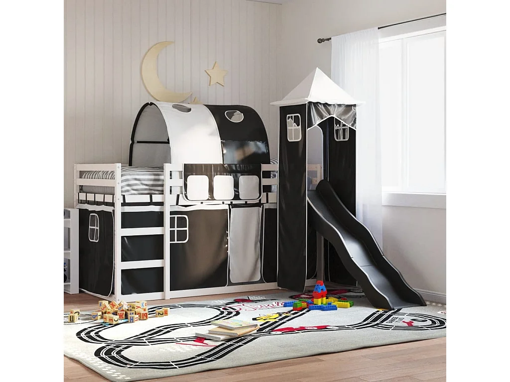 Letto a Castello con Scivolo e Tende Bianco e Nero 90x200 cm