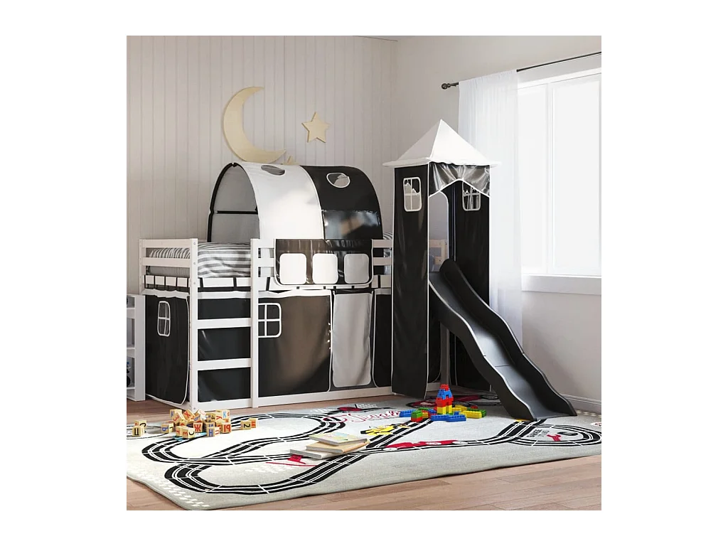 Lit superposé sans matelas avec toboggan blanc noir 90x200 cm
