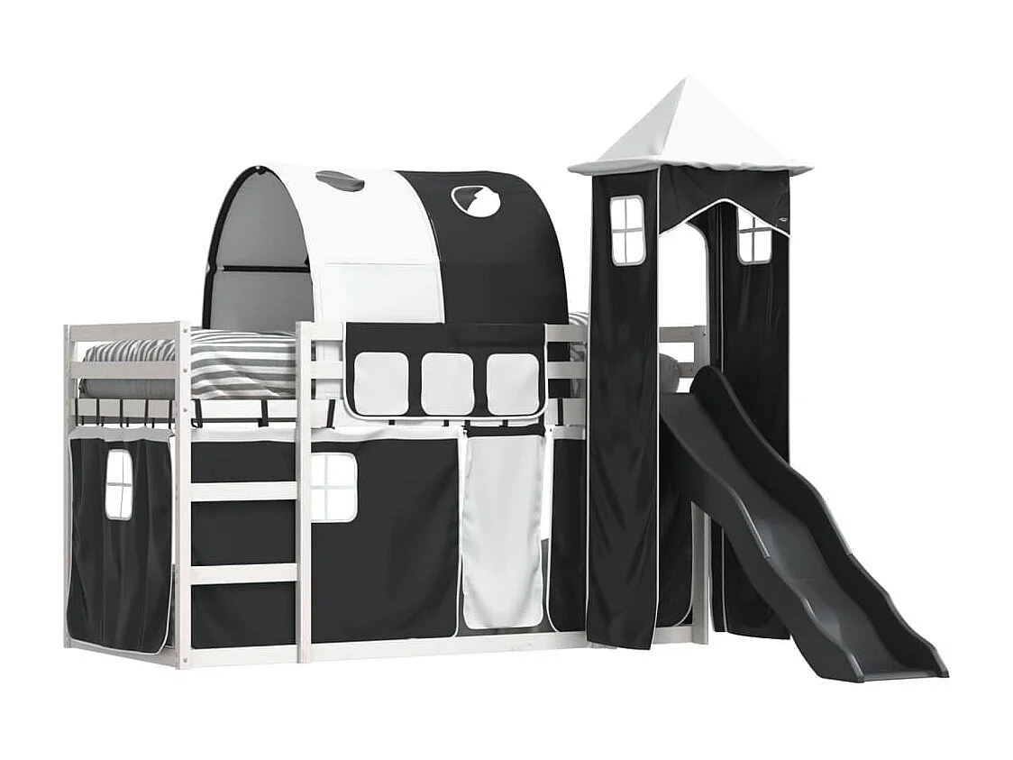 Letto a Castello con Scivolo e Tende Bianco e Nero 90x200 cm