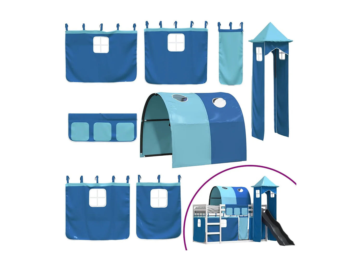 Letto a Castello con Scivolo e Tende Blu 90x190 cm