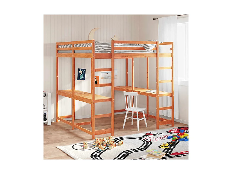 Letto Soppalco Scrivania e Scala Marrone Cera 180x200cm Pino